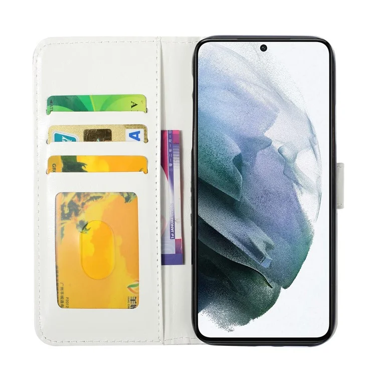 Full Body Shockproof 3D Pattern Printing PU Leather Folding Magnetic Stand Cover for Samsung Galaxy S21 5G/4G - Blue/Gold Butterfly