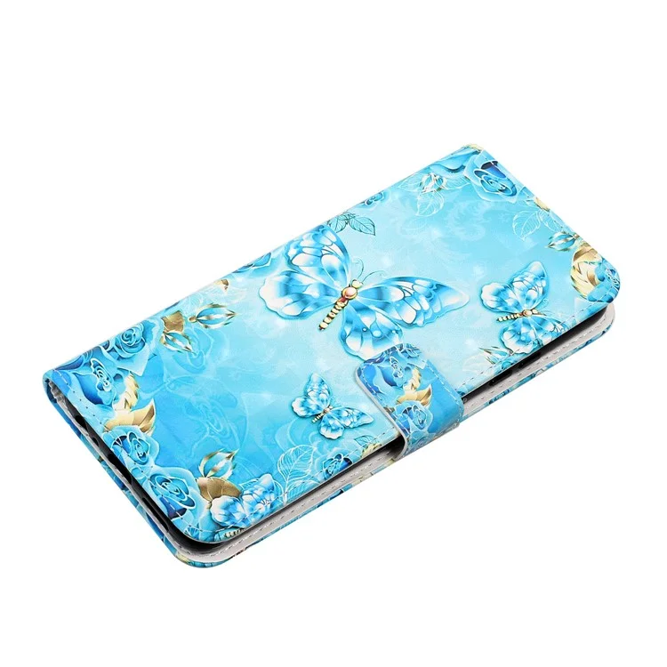 Full Body Shockproof 3D Pattern Printing PU Leather Folding Magnetic Stand Cover for Samsung Galaxy S21 5G/4G - Blue/Gold Butterfly