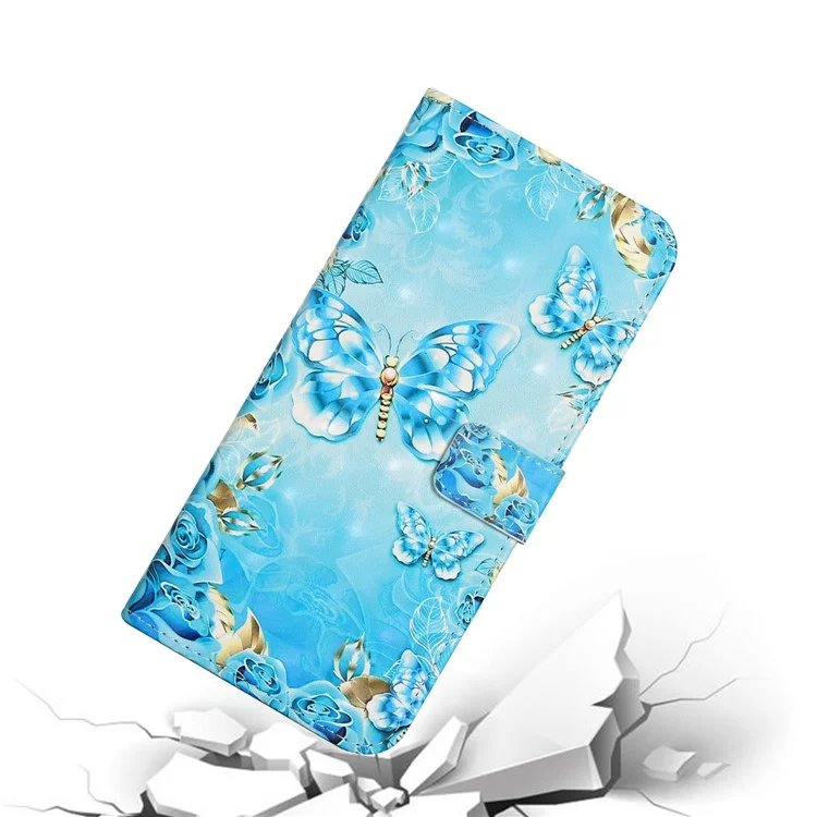 Full Body Shockproof 3D Pattern Printing PU Leather Folding Magnetic Stand Cover for Samsung Galaxy S21 5G/4G - Blue/Gold Butterfly