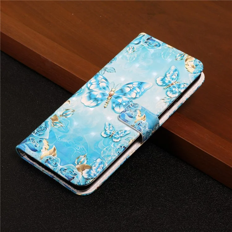 Full Body Shockproof 3D Pattern Printing PU Leather Folding Magnetic Stand Cover for Samsung Galaxy S21 5G/4G - Blue/Gold Butterfly