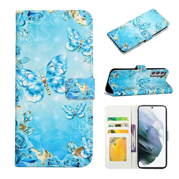 Full Body Shockproof 3D Pattern Printing PU Leather Folding Magnetic Stand Cover for Samsung Galaxy S21 5G/4G - Blue/Gold Butterfly