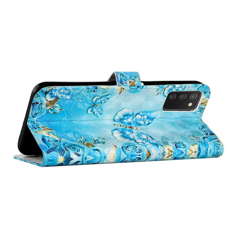 3D Cute Pattern Printing Wallet PU Leather Wallet Case Flip Folio Stand View for Samsung Galaxy A02s (164.2mm) / M02s - Blue / Gold Butterfly