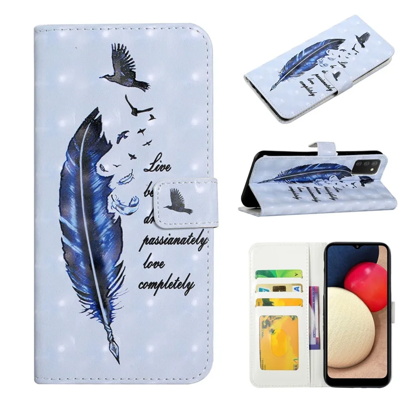 3D Cute Pattern Printing Wallet PU Leather Wallet Case Flip Folio Stand View for Samsung Galaxy A02s (164.2mm) / M02s - Blue Goose Feather