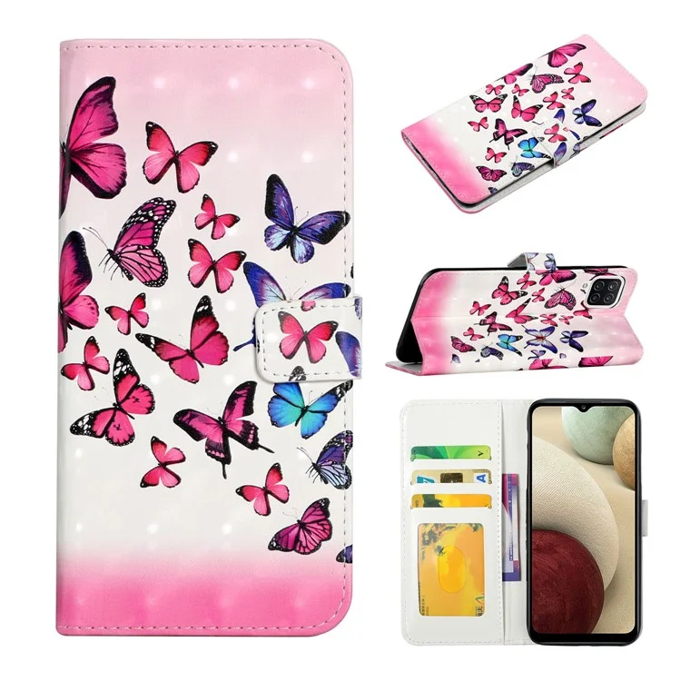 Custodia portafoglio in pelle PU con stampa 3D di moda creativa 3D per Samsung Galaxy A22 4G (versione EU) - Farfalla rosa/blu
