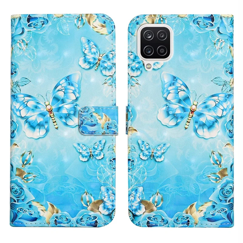 3D Pattern Printing PU Leather Flip Wallet Case Stand Magnetic Closure Protective Cover for Samsung Galaxy A12 - Blue / Gold Butterfly