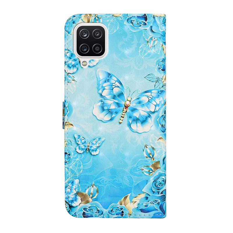 3D Pattern Printing PU Leather Flip Wallet Case Stand Magnetic Closure Protective Cover for Samsung Galaxy A12 - Blue / Gold Butterfly