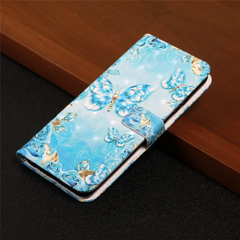 3D Pattern Printing PU Leather Flip Wallet Case Stand Magnetic Closure Protective Cover for Samsung Galaxy A12 - Blue / Gold Butterfly
