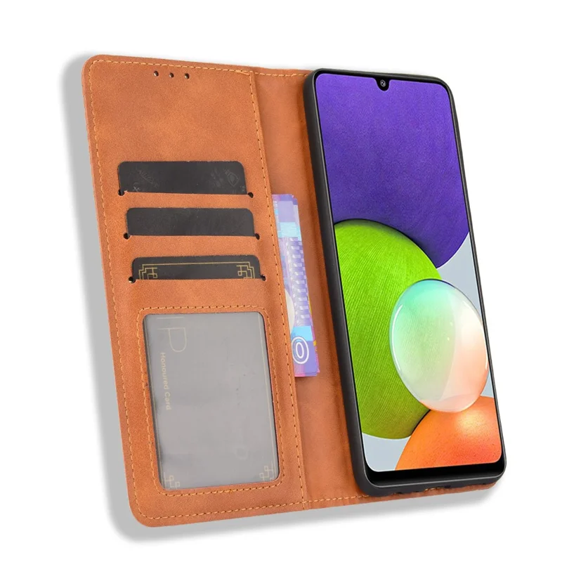 Wallet Stand Design Vintage Style Leather Phone Case Cover for Samsung Galaxy A22 4G (EU Version) - Brown