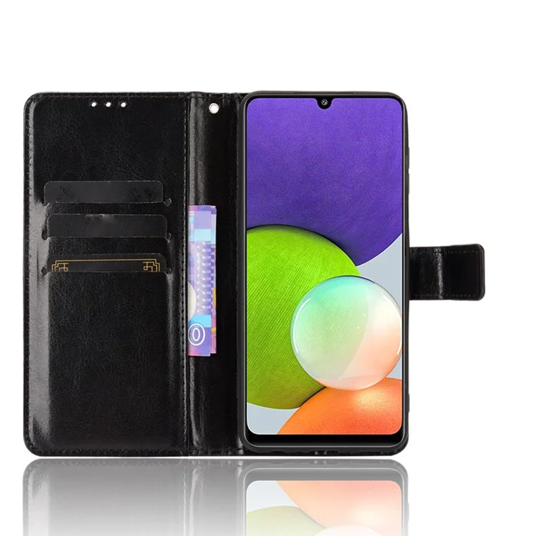 Wallet Stand Crazy Horse Texture Leather Phone Case Protector for Samsung Galaxy A22 4G (EU Version) - Black
