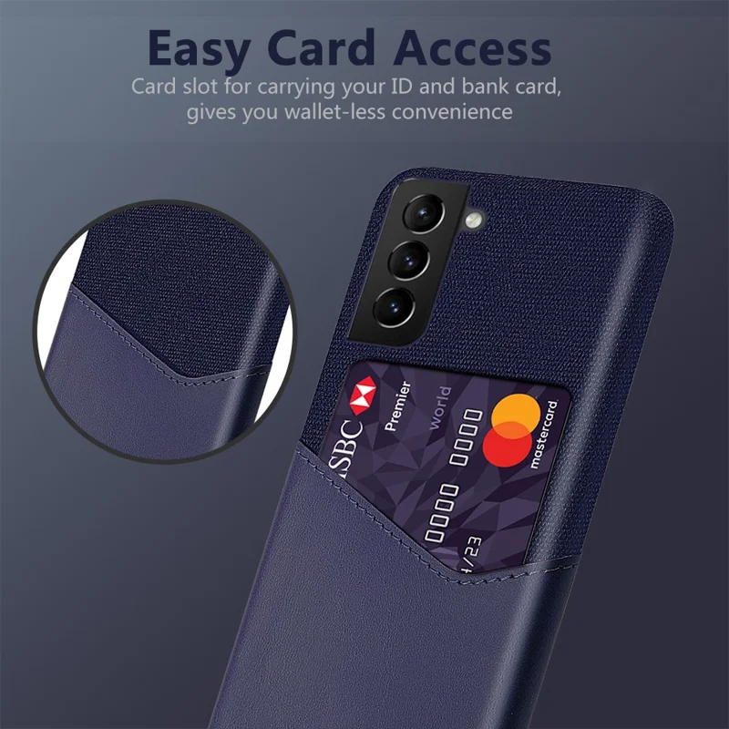 KSQ Cloth Texture Drop-proof Hybrid Phone Case with Card Slot Design for Samsung Galaxy S21 FE - Blue
