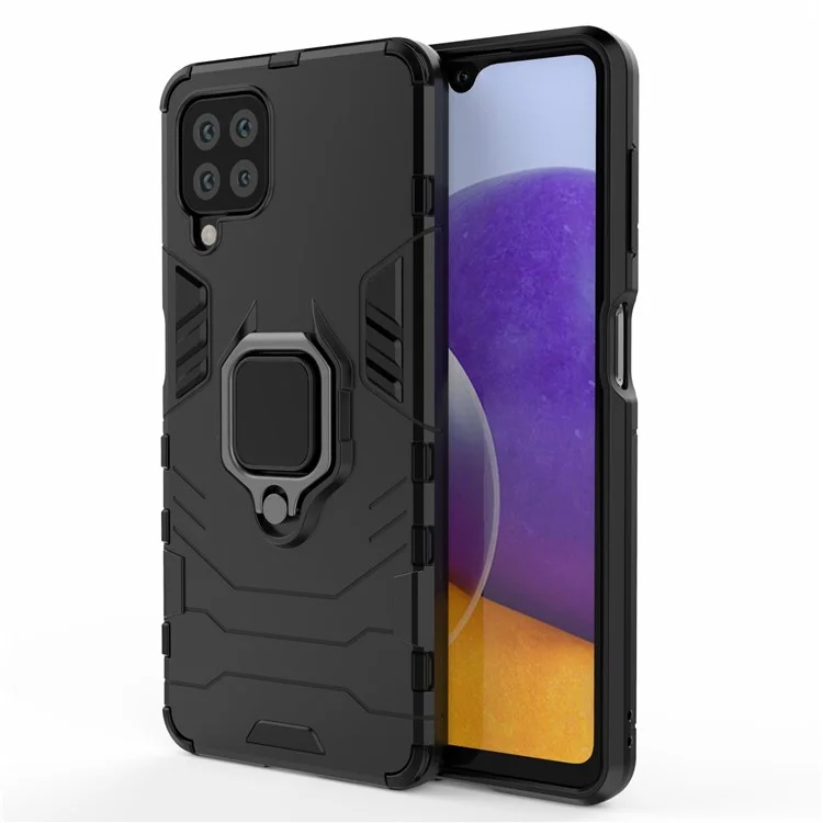 PC TPU Hybrid Phone Case Cover with Ring Holder Kickstand for Samsung Galaxy A22 4G (EU Version) - Black