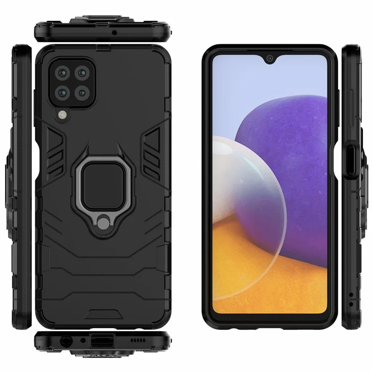 PC TPU Hybrid Phone Case Cover with Ring Holder Kickstand for Samsung Galaxy A22 4G (EU Version) - Black