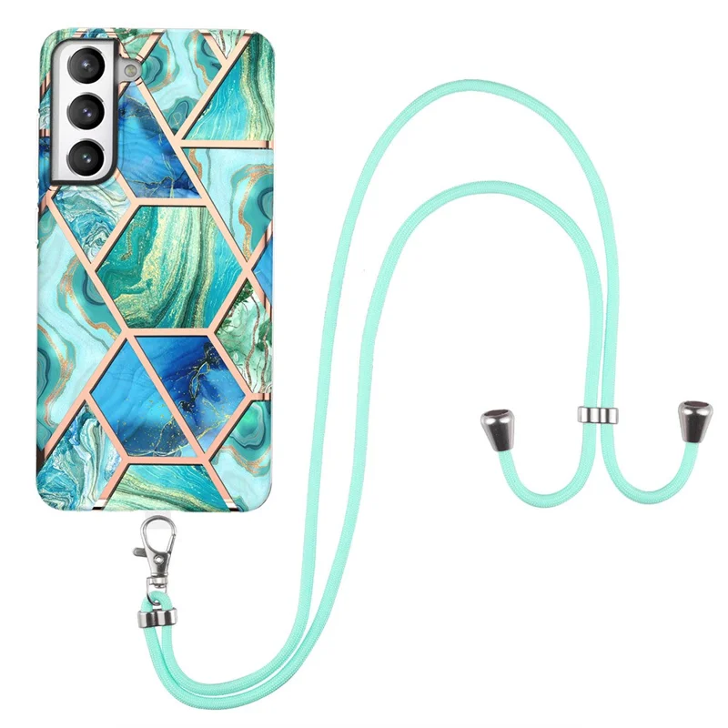 Soft Flexible TPU Splicing Marble Style (2.0mm) IMD Electroplating Protective Case with Lanyard for Samsung Galaxy S21 FE - Green