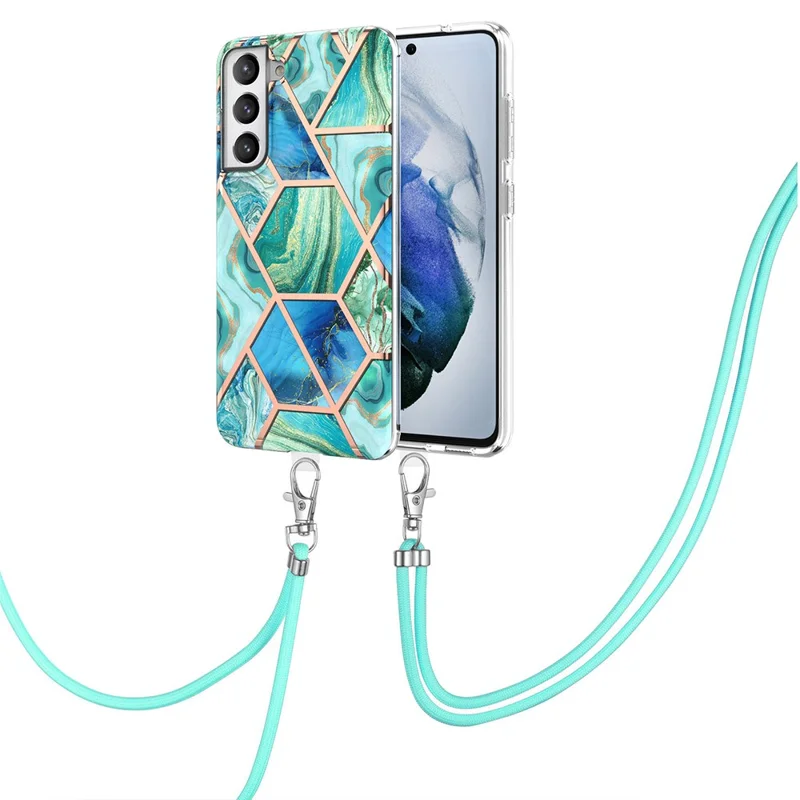 Soft Flexible TPU Splicing Marble Style (2.0mm) IMD Electroplating Protective Case with Lanyard for Samsung Galaxy S21 FE - Green