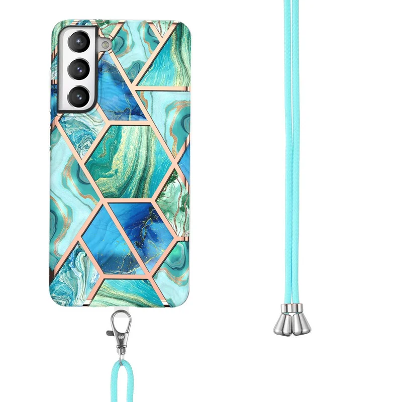 Soft Flexible TPU Splicing Marble Style (2.0mm) IMD Electroplating Protective Case with Lanyard for Samsung Galaxy S21 FE - Green