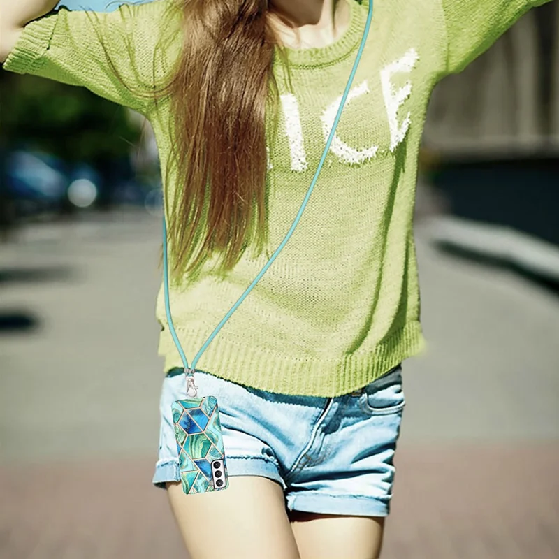 Soft Flexible TPU Splicing Marble Style (2.0mm) IMD Electroplating Protective Case with Lanyard for Samsung Galaxy S21 FE - Green