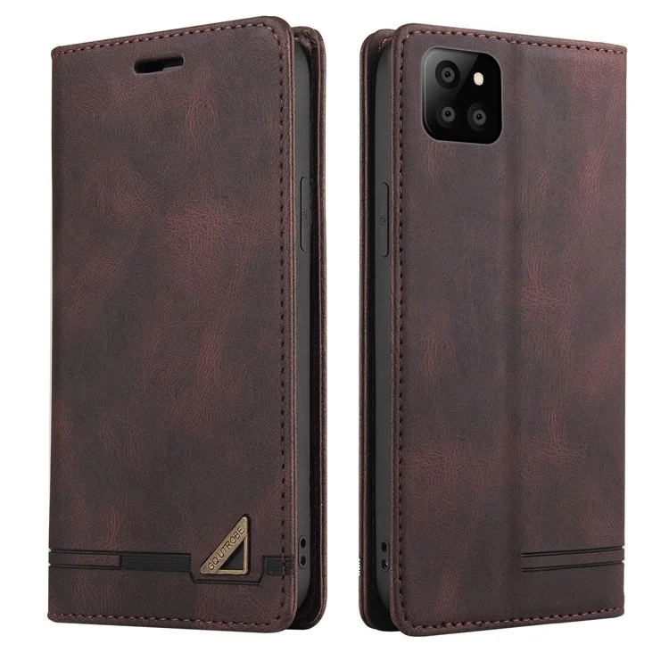 GQ.UTROBE Auto-absorbed Leather Wallet Phone Case with Anti-theft Swiping Design for Samsung Galaxy A22 5G (EU Version) - Coffee