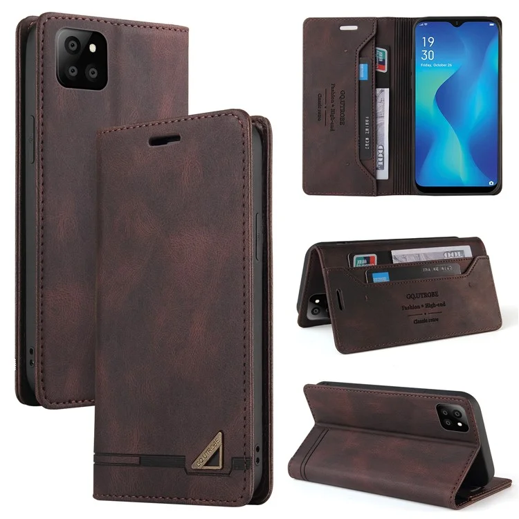 GQ.UTROBE Auto-absorbed Leather Wallet Phone Case with Anti-theft Swiping Design for Samsung Galaxy A22 5G (EU Version) - Coffee