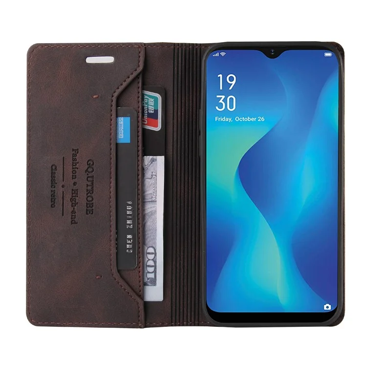 GQ.UTROBE Auto-absorbed Leather Wallet Phone Case with Anti-theft Swiping Design for Samsung Galaxy A22 5G (EU Version) - Coffee