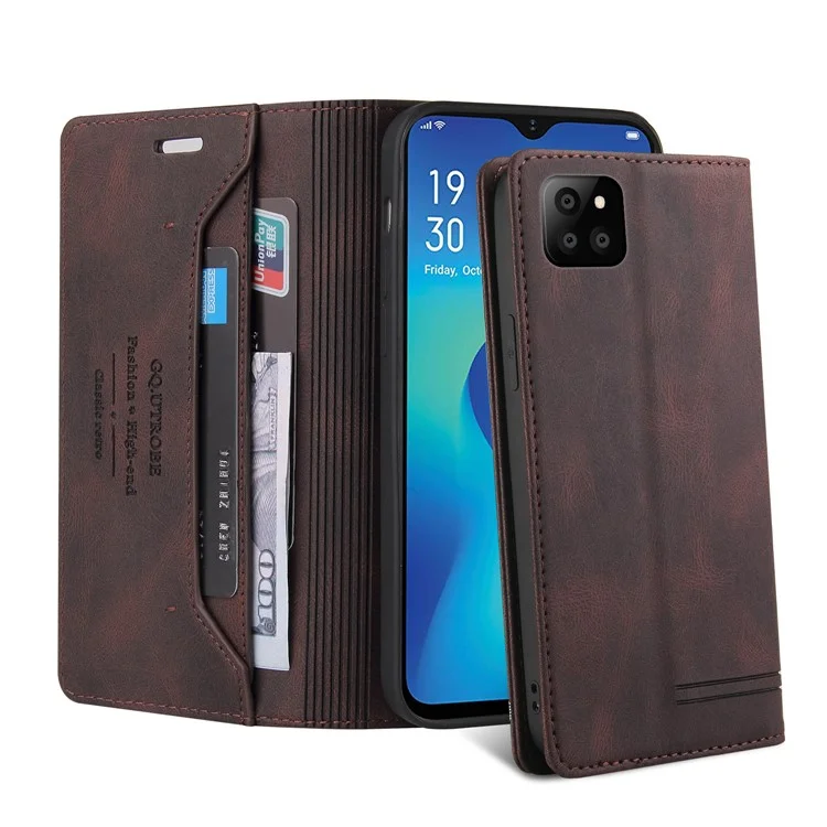 GQ.UTROBE Auto-absorbed Leather Wallet Phone Case with Anti-theft Swiping Design for Samsung Galaxy A22 5G (EU Version) - Coffee