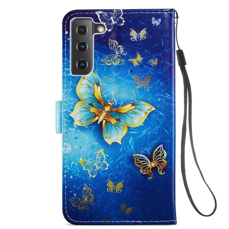 Pattern Printing PU Leather Stand Wallet Case with Wrist Strap for Samsung Galaxy S21 FE - Golden Butterfly