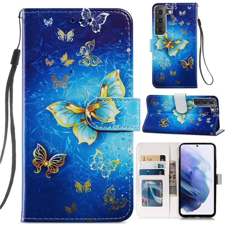 Pattern Printing PU Leather Stand Wallet Case with Wrist Strap for Samsung Galaxy S21 FE - Golden Butterfly