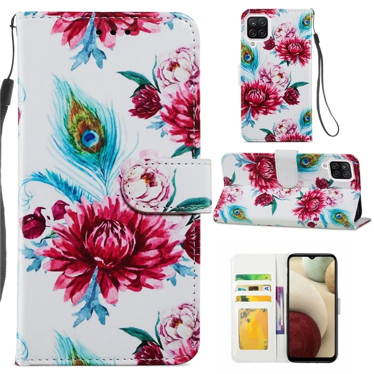 Wallet Stand Design Pattern Printing Leather Phone Case Cover for Samsung Galaxy A12 - Peacock Flower