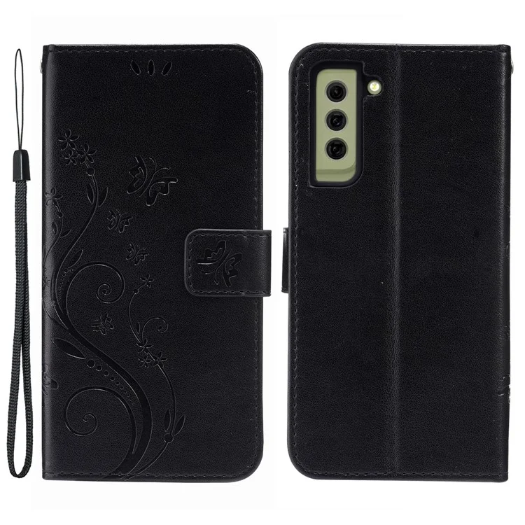 Butterflies and Flower Imprinted Leather Wallet Stand Design Case for Samsung Galaxy S21 FE - Black