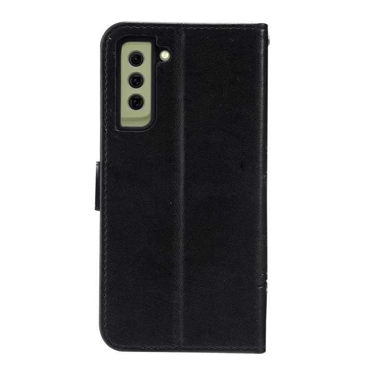 Butterflies and Flower Imprinted Leather Wallet Stand Design Case for Samsung Galaxy S21 FE - Black