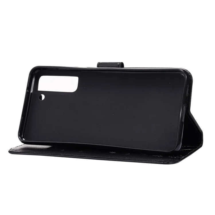 Butterflies and Flower Imprinted Leather Wallet Stand Design Case for Samsung Galaxy S21 FE - Black