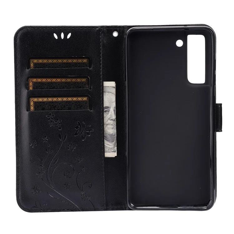 Butterflies and Flower Imprinted Leather Wallet Stand Design Case for Samsung Galaxy S21 FE - Black