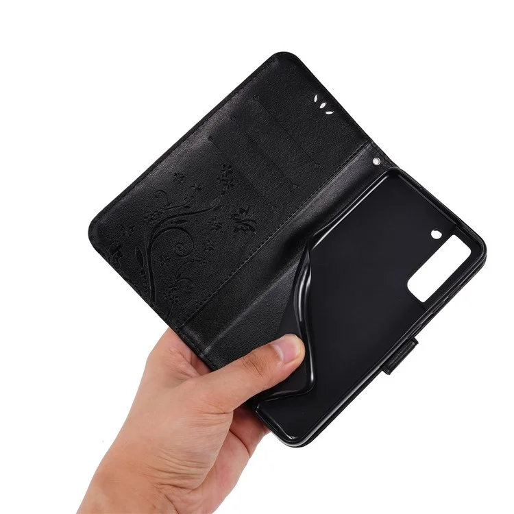 Butterflies and Flower Imprinted Leather Wallet Stand Design Case for Samsung Galaxy S21 FE - Black