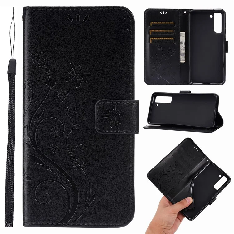 Butterflies and Flower Imprinted Leather Wallet Stand Design Case for Samsung Galaxy S21 FE - Black
