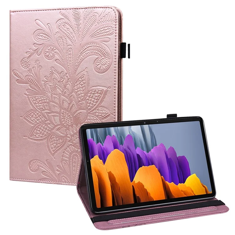 Custodia Tablet in Pelle PU Protettiva Antishock con Motivo a Fiori Stampato per Samsung Galaxy Tab S7 / Tab S8 - Rosa Oro