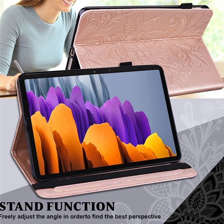Custodia Tablet in Pelle PU Protettiva Antishock con Motivo a Fiori Stampato per Samsung Galaxy Tab S7 / Tab S8 - Rosa Oro