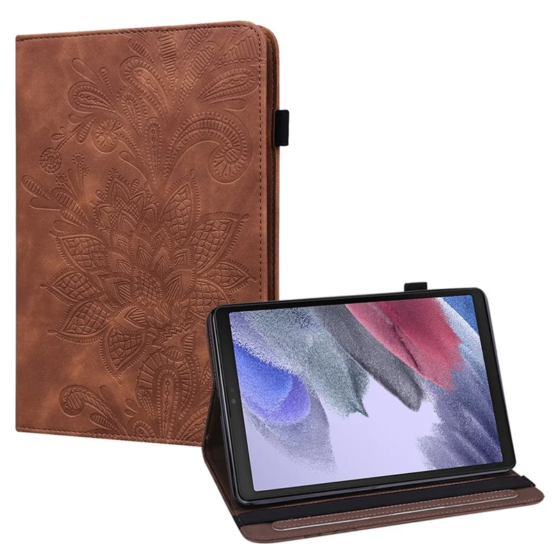 Auto Wake/Sleep Function Imprint Flower Pattern Leather Stand Tablet Cover for Samsung Galaxy Tab A7 Lite 8.7-inch - Brown