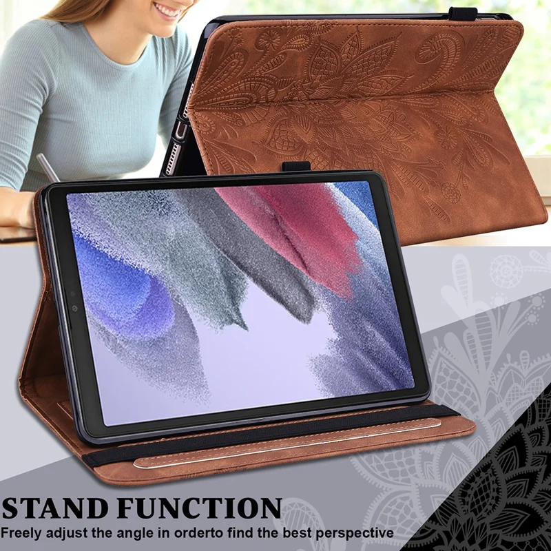 Auto Wake/Sleep Function Imprint Flower Pattern Leather Stand Tablet Cover for Samsung Galaxy Tab A7 Lite 8.7-inch - Brown