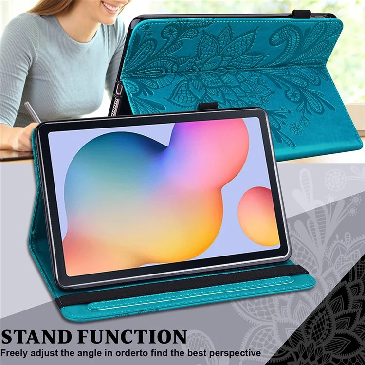 Imprint Flower Pattern Leather Wallet Stand Tablet Cover Case for Samsung Galaxy Tab S6 Lite (2020) / (2022) / (2024) - Blue