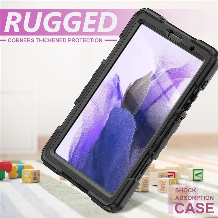 3-Layer PC + Silicone Heavy Duty Rugged Shockproof Kickstand Protective Cover with Hand Strap and Shoulder Strap for Samsung Galaxy Tab A7 Lite 8.7-inch - Black