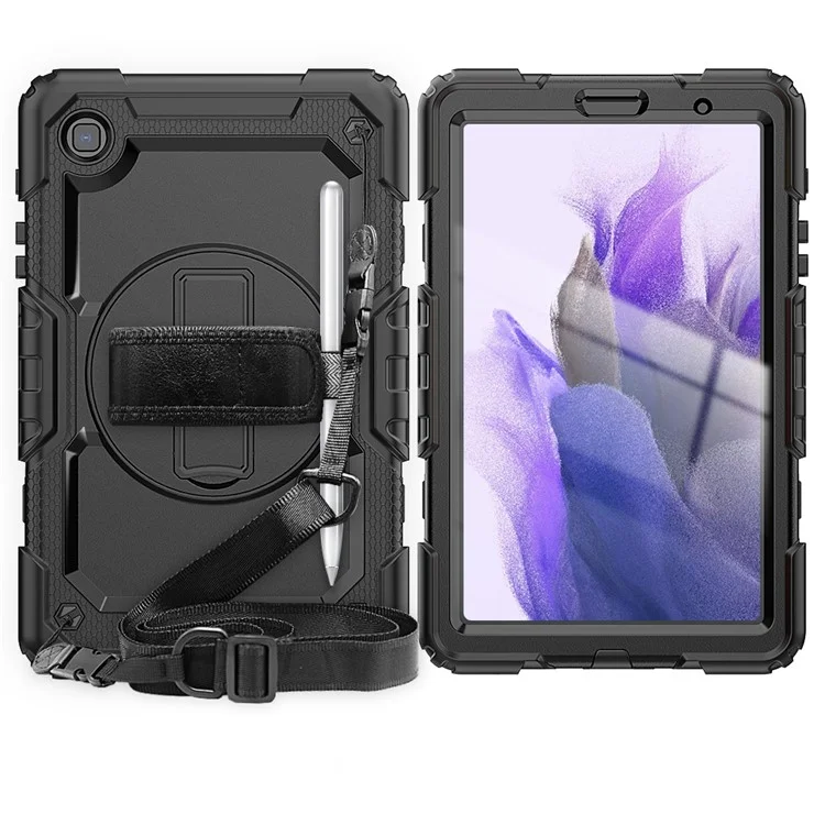 3-Layer PC + Silicone Heavy Duty Rugged Shockproof Kickstand Protective Cover with Hand Strap and Shoulder Strap for Samsung Galaxy Tab A7 Lite 8.7-inch - Black