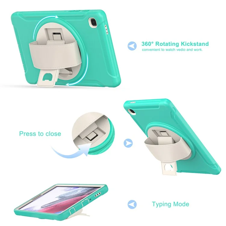 Para Samsung Galaxy Tab A7 Lite 8.7 pulgadas T220/T225/T225N/T225C Funda de tableta con soporte giratorio de 360° con PC + TPU y correa para la mano - Cian