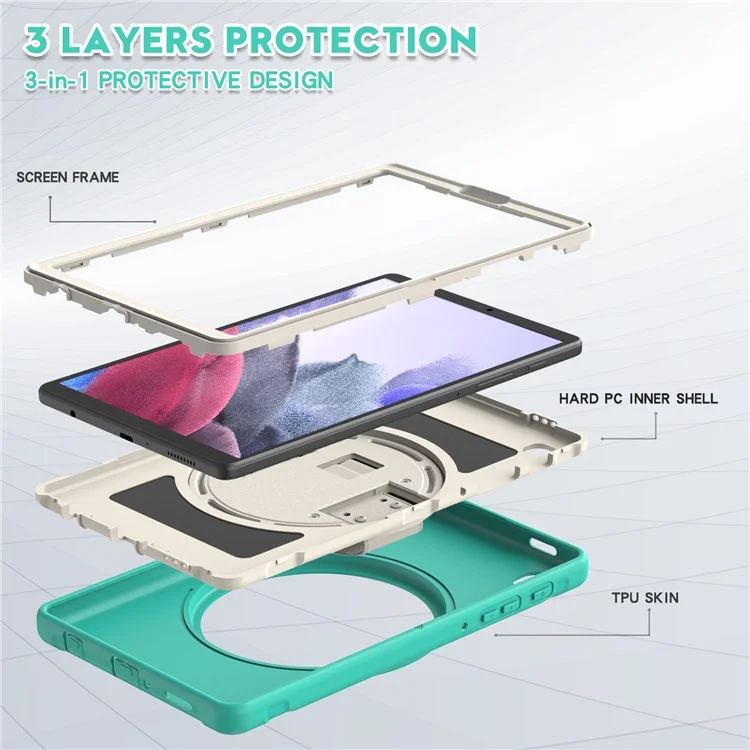 Para Samsung Galaxy Tab A7 Lite 8.7 pulgadas T220/T225/T225N/T225C Funda de tableta con soporte giratorio de 360° con PC + TPU y correa para la mano - Cian
