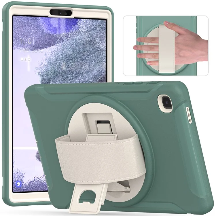 Para Samsung Galaxy Tab A7 Lite 8.7-pulgada T220 / T225 / T225N / T225C 360 ° Kickstand Giratorio PC + TPU Funda De Tableta Con Correa De Mano - Verde Negruzco