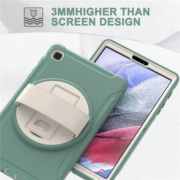 Para Samsung Galaxy Tab A7 Lite 8.7-pulgada T220 / T225 / T225N / T225C 360 ° Kickstand Giratorio PC + TPU Funda De Tableta Con Correa De Mano - Verde Negruzco