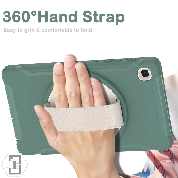 Para Samsung Galaxy Tab A7 Lite 8.7-pulgada T220 / T225 / T225N / T225C 360 ° Kickstand Giratorio PC + TPU Funda De Tableta Con Correa De Mano - Verde Negruzco