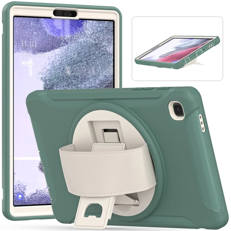 Para Samsung Galaxy Tab A7 Lite 8.7-pulgada T220 / T225 / T225N / T225C 360 ° Kickstand Giratorio PC + TPU Funda De Tableta Con Correa De Mano - Verde Negruzco