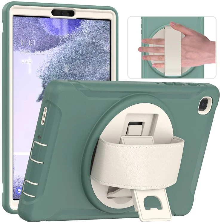 Para Samsung Galaxy Tab A7 Lite 8.7-pulgada T220 / T225 / T225N / T225C 360 ° Kickstand Giratorio PC + TPU Funda De Tableta Con Correa De Mano - Verde Negruzco