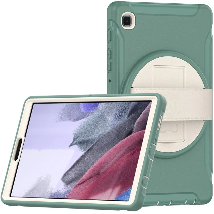 Para Samsung Galaxy Tab A7 Lite 8.7-pulgada T220 / T225 / T225N / T225C 360 ° Kickstand Giratorio PC + TPU Funda De Tableta Con Correa De Mano - Verde Negruzco