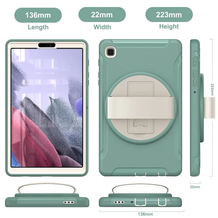 Para Samsung Galaxy Tab A7 Lite 8.7-pulgada T220 / T225 / T225N / T225C 360 ° Kickstand Giratorio PC + TPU Funda De Tableta Con Correa De Mano - Verde Negruzco