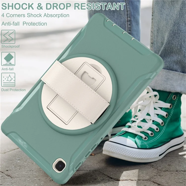 Para Samsung Galaxy Tab A7 Lite 8.7-pulgada T220 / T225 / T225N / T225C 360 ° Kickstand Giratorio PC + TPU Funda De Tableta Con Correa De Mano - Verde Negruzco